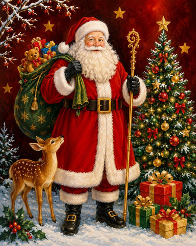 A festive Christmas scene showing Santa Claus in a red suit with white fur trim, carrying a sack of toys and holding a gold staff, standing beside a decorated Christmas tree, wrapped gifts, holly, and a small deer in snow. Santa Claus Christmas - Diamond Painting
