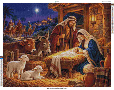A Christmas nativity scene artwork showing Mary, Joseph, baby Jesus in a manger, a donkey, a cow, and two lambs at night under a bright star. The scene fills the frame with no separate wall or studio background visible, so the depicted colors count as product colors. Saviour is Born - Large Diamond Painting Layout