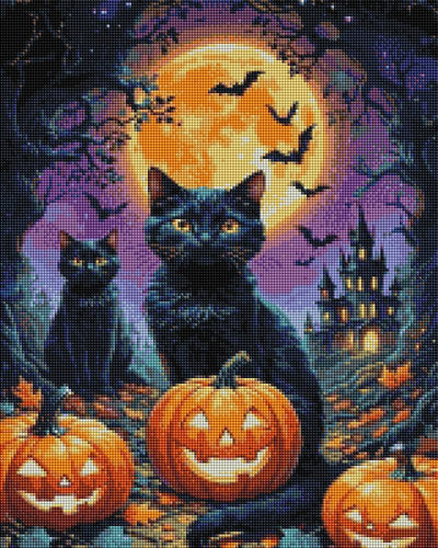 Halloween-themed artwork featuring two black cats in a spooky yard with jack-o'-lantern pumpkins, a full moon, bats, bare trees, and a haunted house. Scary Whiskers - Diamond Art