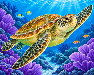 Vibrant underwater scene featuring a sea turtle swimming among purple coral formations, with small tropical fish and sun rays filtering through the blue ocean surface. Sea Turtle - Diamond Painting