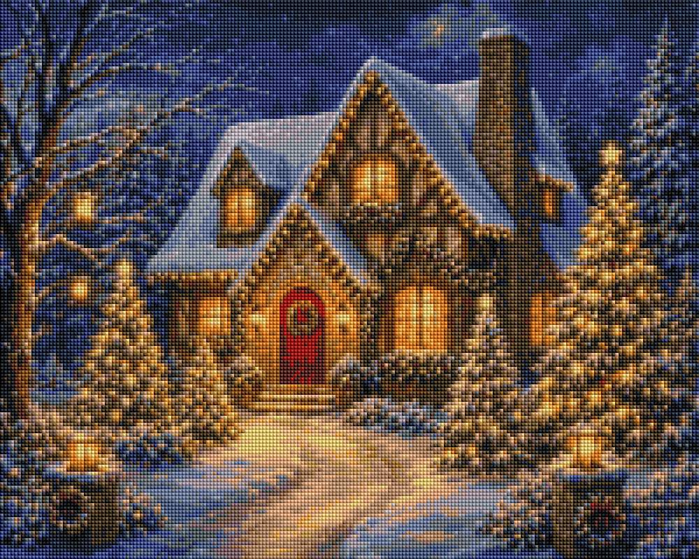A festive winter night scene featuring a snow-covered cottage with glowing windows, a red front door, decorated Christmas trees, and warm lights along a pathway. Shining Christmas Lights around the House - Diamond Painting