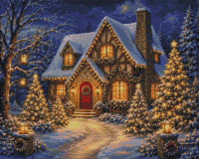 A festive winter night scene featuring a snow-covered cottage with glowing windows, a red front door, decorated Christmas trees, and warm lights along a pathway. Shining Christmas Lights around the House - Diamond Painting