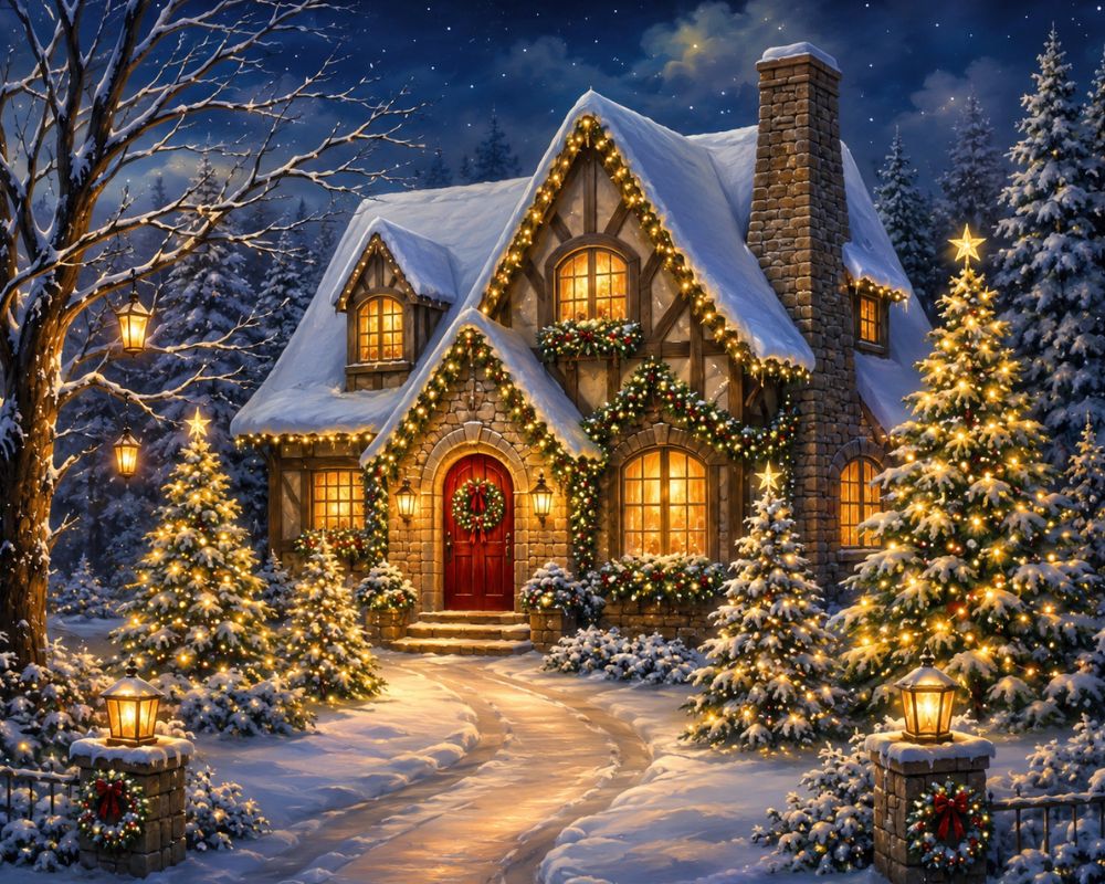 A snowy Christmas cottage at night with glowing windows, warm string lights, a red front door, decorated evergreen trees, and a starry blue sky. Shining Christmas Lights around the House - Diamond Painting