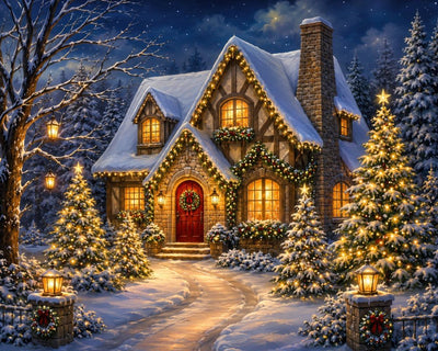 A snowy Christmas cottage at night with glowing windows, warm string lights, a red front door, decorated evergreen trees, and a starry blue sky. Shining Christmas Lights around the House - Diamond Painting