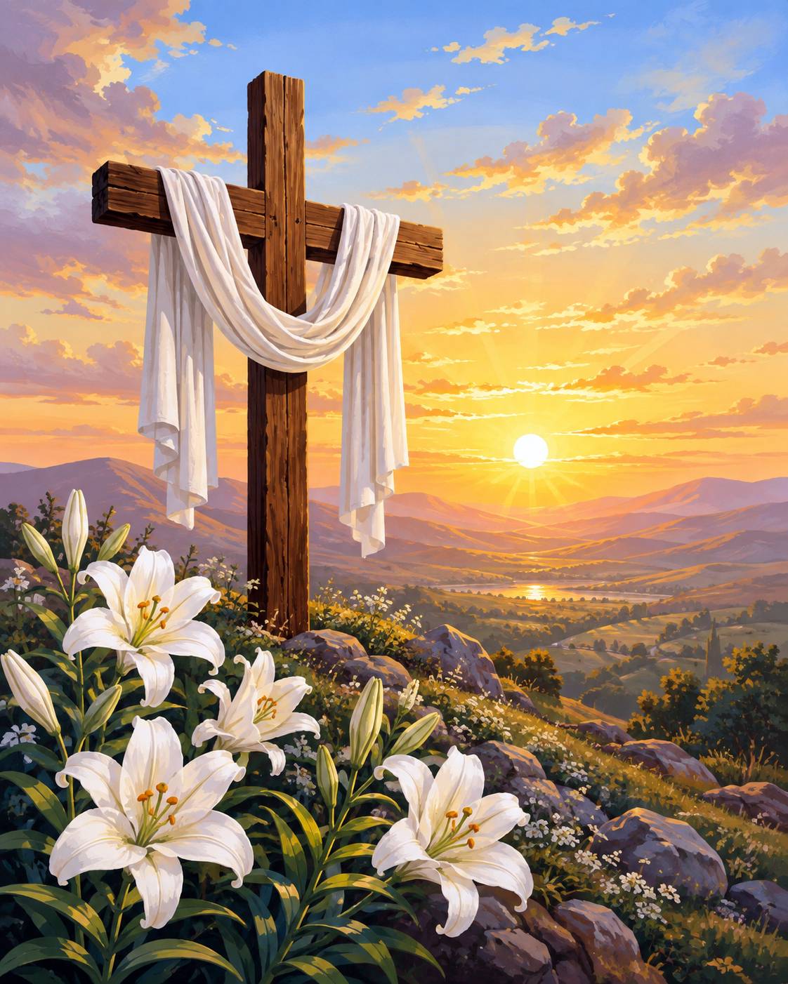 A wooden cross draped with white cloth stands on a grassy hill among white lilies, set against a dramatic sunset sky with glowing clouds and a bright sun over distant mountains. Shrouded Cross Diamond Painting Kit