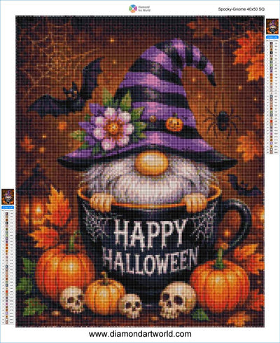 Spooky Halloween diamond painting design featuring a gnome in a purple striped hat sitting in a black cauldron with 'Happy Halloween' text, surrounded by pumpkins, skulls, bats, spiders, and autumn leaves on a dark background. Spooky Gnome - Diamond Painting Layout 