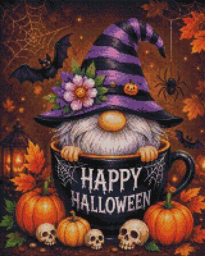 Halloween-themed decorative artwork featuring a gnome in a purple striped witch hat with flowers, emerging from a black mug that says “HAPPY HALLOWEEN,” surrounded by pumpkins, skulls, bats, spiders, and autumn leaves on a dark background. Spooky Gnome - Diamond Art