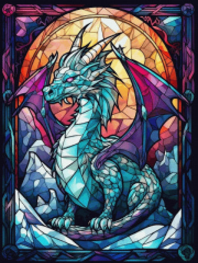 Stained glass style artwork of a blue dragon with purple wings, set against a warm orange and yellow circular backdrop with a dark ornate border. Stained Glass Dragon - AB Diamond Art