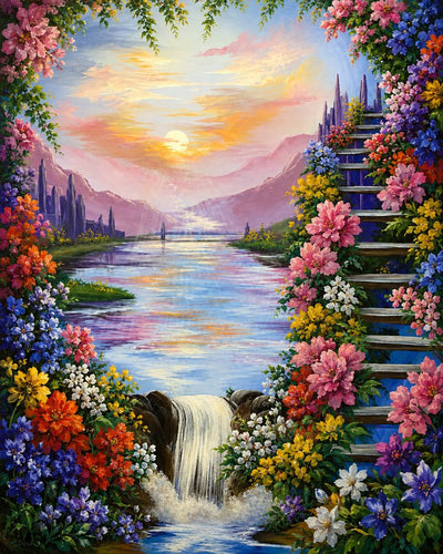 A colorful fantasy stairs to heaven painting featuring a river flowing through a valley, with a small waterfall in the foreground, a staircase on the right, and dense flowers framing the scene at sunset. Stairs to Heaven - Diamond Painting
