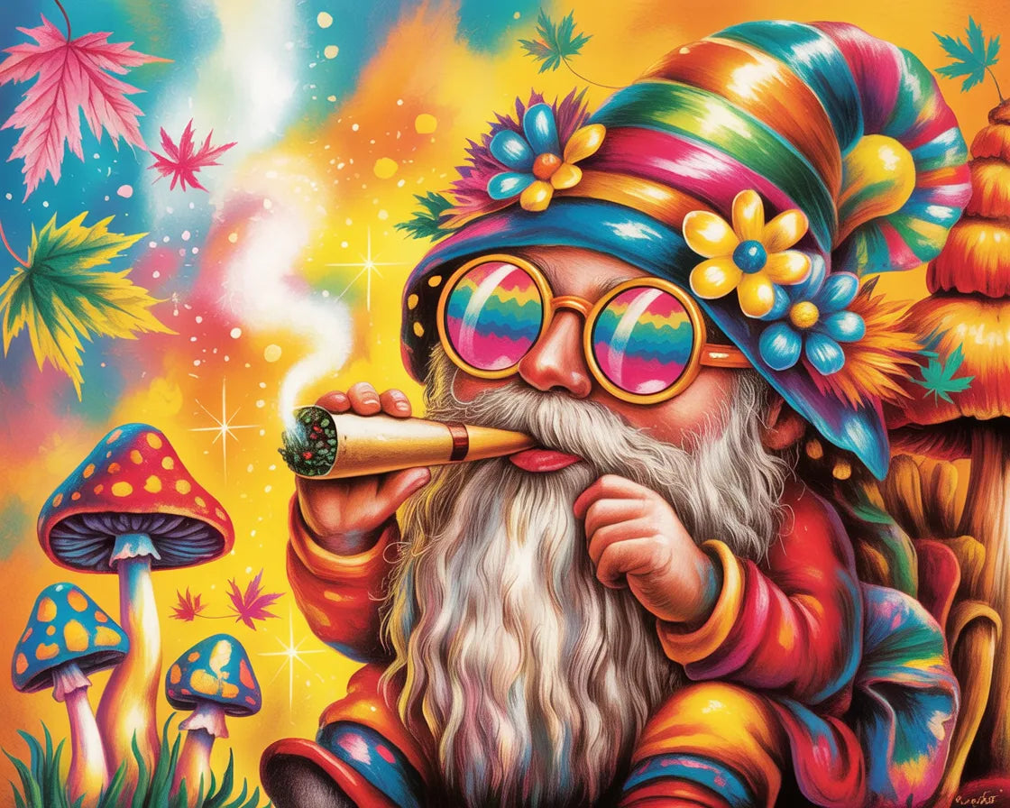 Colorful gnome smoking a joint with mushrooms and leaves in the background. Stoner gnome - Diamond painting