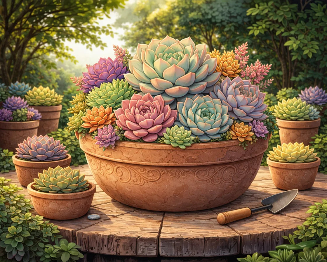 Decorative terracotta pot with colorful succulents on a wooden table outdoors. Succulent Plant Pot - Diamond Painting