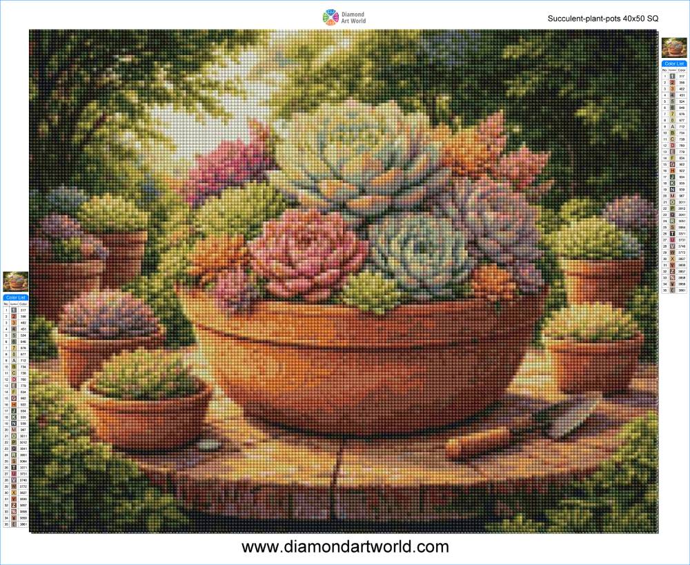 Diamond painting of a bowl with succulents on a wooden table. Succulent Plant Pot - Diamond Painting Layout
