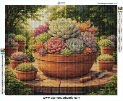 Diamond painting of a bowl with succulents on a wooden table. Succulent Plant Pot - Diamond Painting Layout