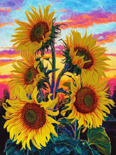 Vibrant painting of sunflowers with bright yellow petals, dark brown centers, and green stems against a colorful sky with blue, purple, pink, and orange tones. Sunflower at Sunset - Diamond Painting