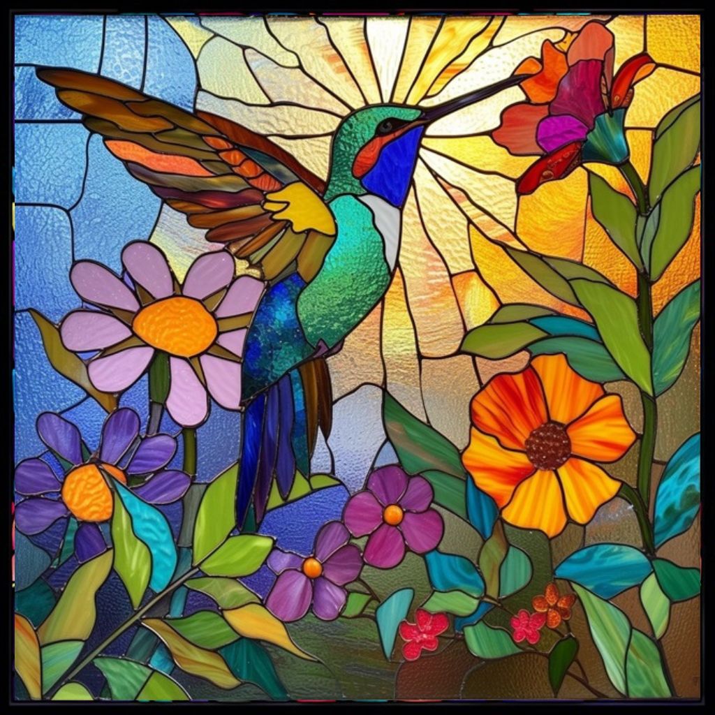 A colorful stained-glass-style artwork featuring a hummingbird in flight surrounded by flowers, with a sunburst background and blue, green, yellow, orange, purple, and red elements. Sunlit Hummingbird Harmony  - Diamond Painting