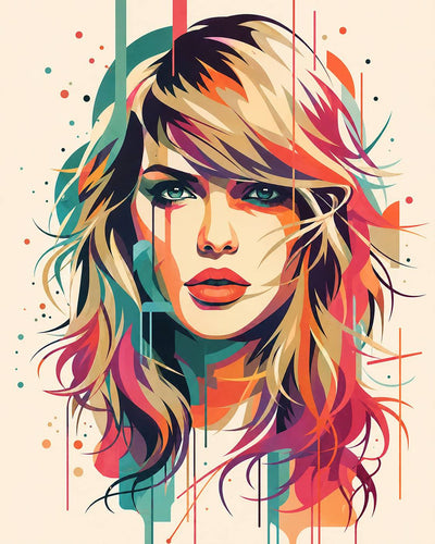 A colorful pop-art style portrait print of a woman with blonde hair, teal eyes, and bold multicolor brushstrokes in orange, pink, purple, yellow, and teal on a light cream background. Taylor Swift - Diamond Painting