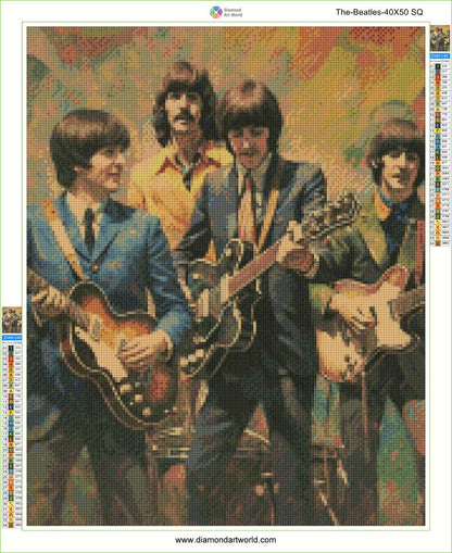 Diamond painting layout depiction of The Beatles with guitars on a patterned background.