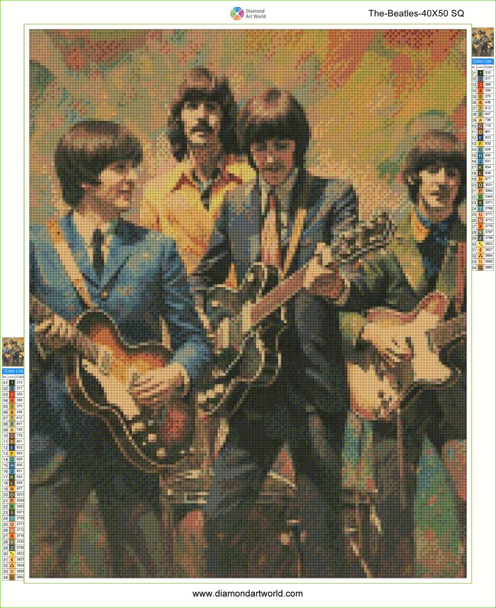 Diamond painting layout depiction of The Beatles with guitars on a patterned background.
