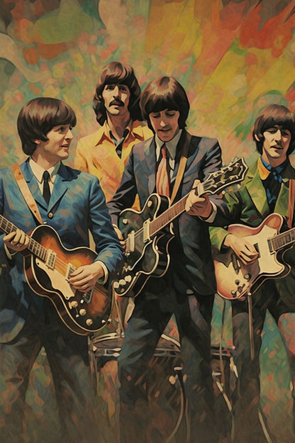 Framed artwork of a band  The Betles with guitars against a colorful abstract background. The Beatles - Diamond painting