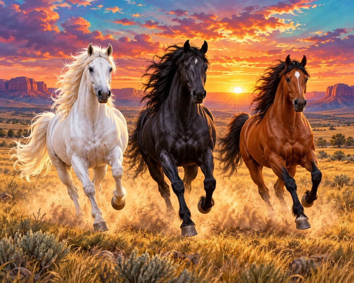 Three wild horses gallop across a desert landscape at sunset: a white horse on the left, a black horse in the center, and a brown horse on the right, with colorful clouds and distant rock formations in the background.  Three wild horses -Diamond Painting