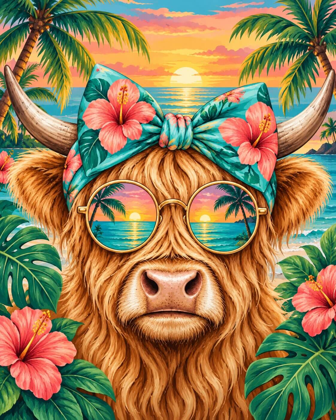 A stylized tropical beach scene featuring a fluffy tan Highland cow wearing round sunglasses with a sunset reflection and a large pink hibiscus flower bow headband, surrounded by palm trees, monstera leaves, and more flowers at sunset. Tropical Cow Holiday - Diamond Art World