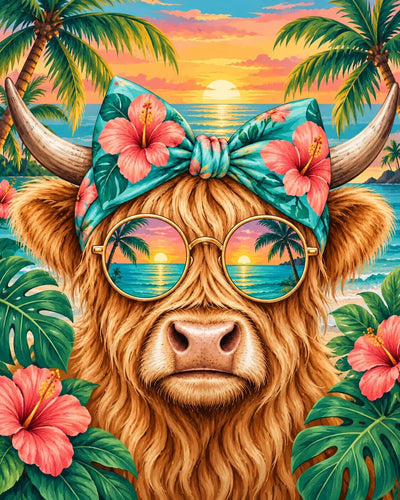 A stylized tropical beach scene featuring a fluffy tan Highland cow wearing round sunglasses with a sunset reflection and a large pink hibiscus flower bow headband, surrounded by palm trees, monstera leaves, and more flowers at sunset. Tropical Cow Holiday - Diamond Art World