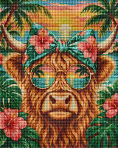 A colorful tropical-themed portrait of a Highland cow wearing a green floral headband, pink hibiscus flowers, and mirrored sunglasses with palm trees and a sunset reflection, surrounded by green leaves and pink flowers. Tropical Cow Holiday - Diamond Painting