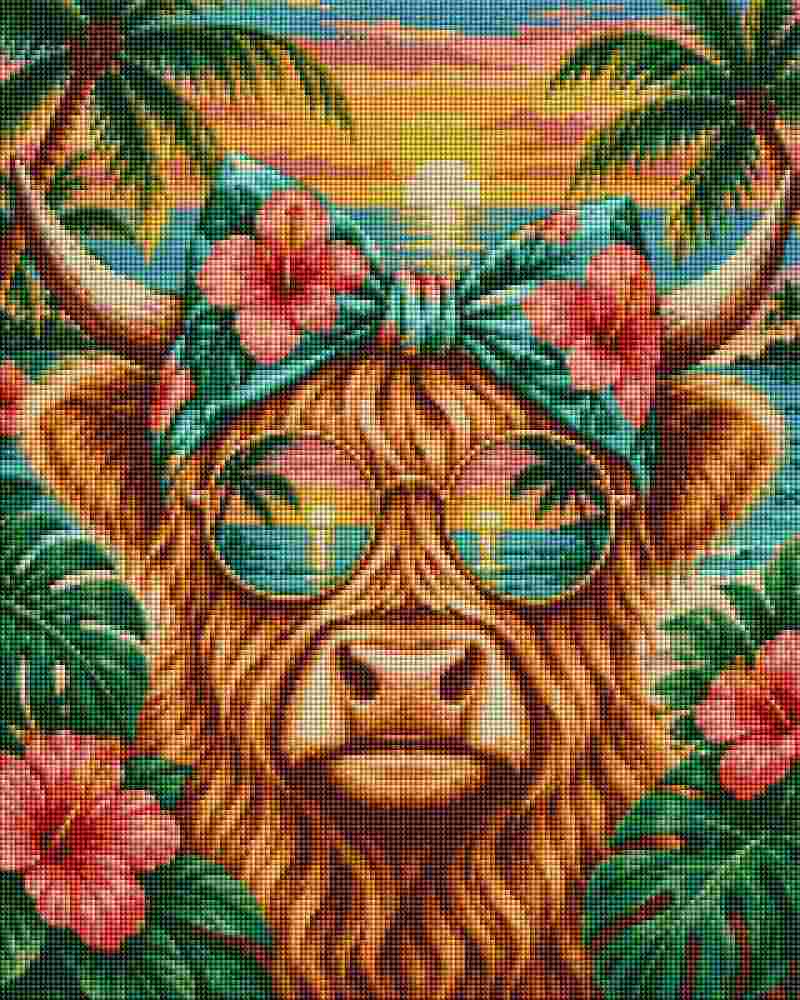 A colorful tropical-themed portrait of a Highland cow wearing a green floral headband, pink hibiscus flowers, and mirrored sunglasses with palm trees and a sunset reflection, surrounded by green leaves and pink flowers. Tropical Cow Holiday - Diamond Painting