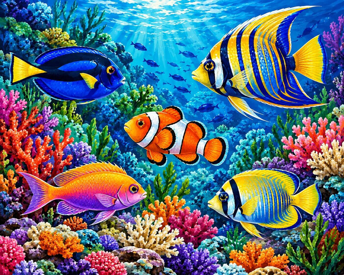 Vibrant underwater coral reef scene with tropical fish, including a clownfish, blue tang, angelfish, and purple damselfish, in bright saturated colors. Tropical Fish - Diamond Painting