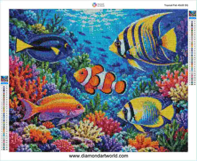 A colorful diamond painting pattern preview titled 'Tropical Fish 45x55 SQ' showing an underwater ocean scene with tropical fish and coral reef. The design features a blue background with yellow, orange, purple, and black details. Tropical Fish - Diamond Painting