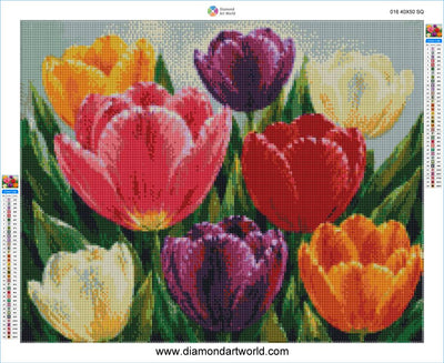 A diamond painting canvas design featuring a colorful bouquet of tulips, including red, pink, yellow, orange, purple, and white flowers with green leaves, shown with brand labels and color charts on the sides. Tulips Garden - Diamond Art