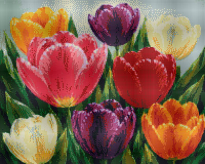 A colorful floral artwork showing a cluster of tulips in red, pink, purple, yellow, and orange with green leaves on a pale blue-gray background. Tulips Garden - Diamond Painting