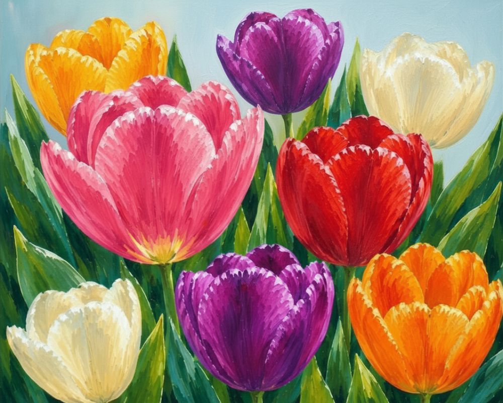 A colorful painting of tulips in shades of pink, red, orange, yellow, and purple with green leaves against a light blue background. Tulips Garden - Diamond Painting