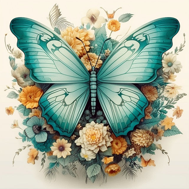 A stylized teal butterfly surrounded by a dense arrangement of cream, yellow, and blue flowers on a light beige background. Turquoise Butterfly - Diamond Painting