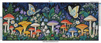A colorful fantasy forest artwork featuring a dense cluster of mushrooms in red, orange, yellow, blue, and purple under a dark starry sky, with two butterflies flying above. The scene appears to be the product itself rather than a photo of a physical framed item, so this fits Scenery. Twilight Mushrooms - Diamond Painting Layout