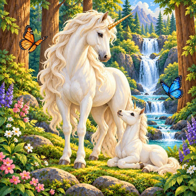 A fantasy forest scene with a large white unicorn standing beside a smaller white foal, surrounded by flowers, trees, butterflies, and a waterfall in the background. Unicorn Wood - Diamond Painting