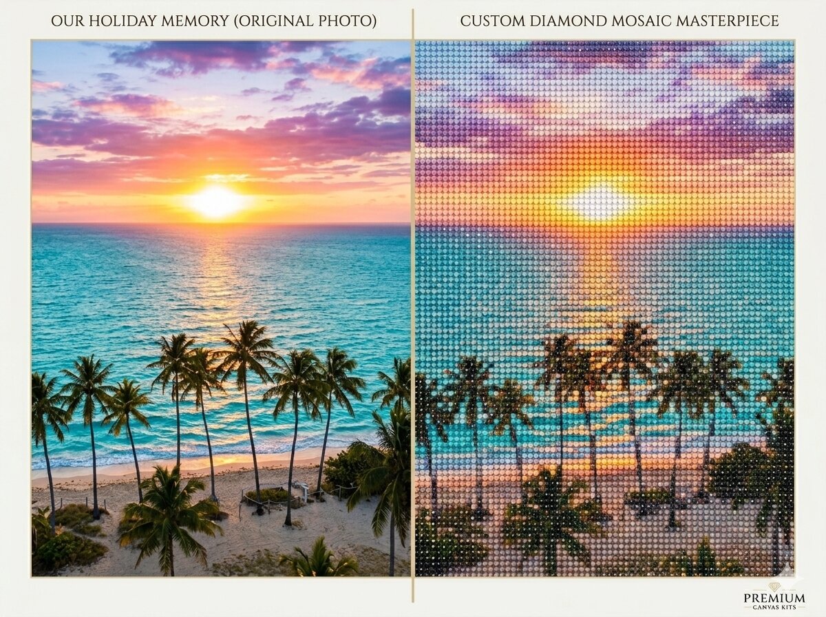 Comparison of a beach sunset photo and its diamond mosaic version. Custom diamond painting - Diamond art world