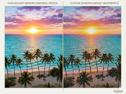 Comparison of a beach sunset photo and its diamond mosaic version. Custom diamond painting - Diamond art world