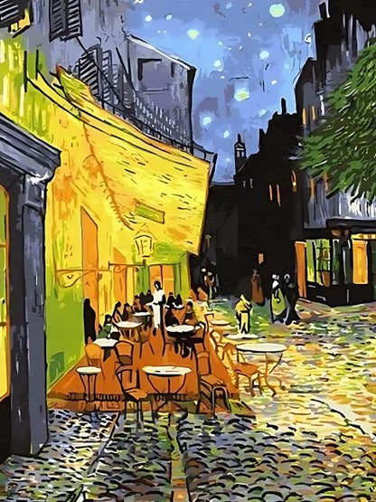 Colorful painting of an outdoor cafe scene with people sitting at tables. Van Gogh Café Terrace - Diamond Painting
