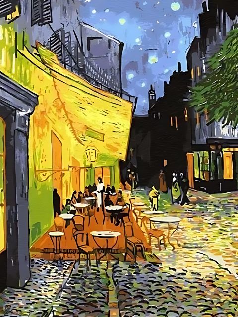 Colorful painting of an outdoor cafe scene with people sitting at tables. Van Gogh Café Terrace - Diamond Painting
