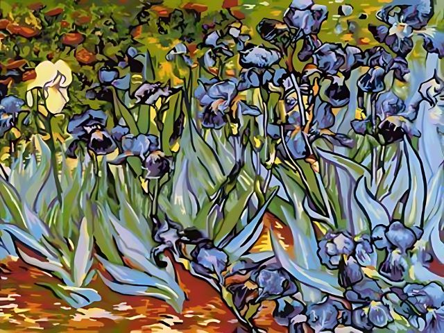 Painting of blue irises with a colorful background. Van Gogh Irises - Diamond Painting