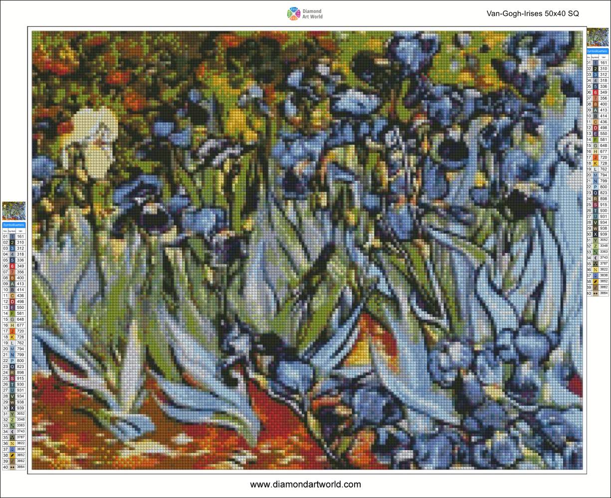 Diamond painting of Van Gogh's Irises with a grid interface. Van Gogh Irises - Diamond Painting Layout