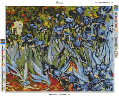 Diamond painting of Van Gogh's Irises with a grid interface. Van Gogh Irises - Diamond Painting Layout