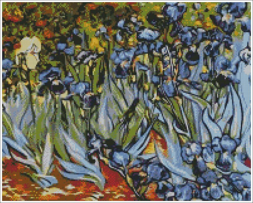 Artistic depiction of blue flowers with a colorful background. Van Gogh Irises - Diamond art