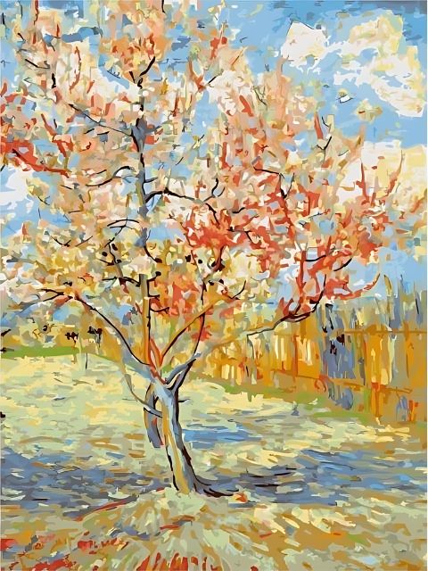 Colorful painting of a tree with blossoms against a blue sky. Van Gogh Pink Peach Trees - Diamond Painting