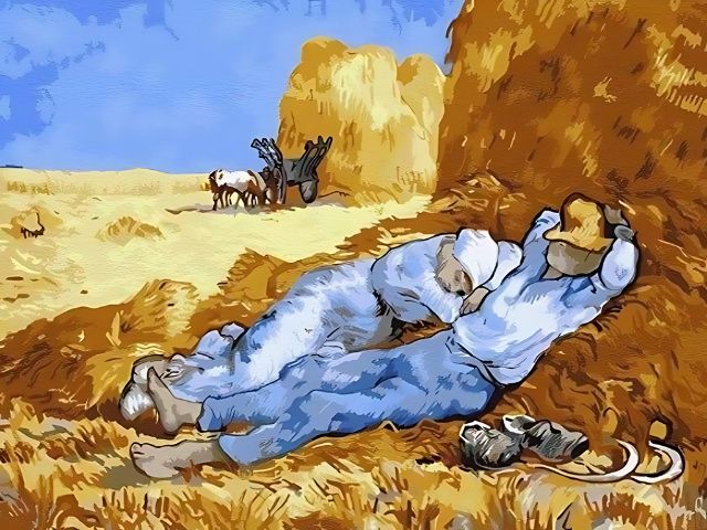 Man lying on the ground with a donkey and a horse in a desert landscape. Van Gogh Rest from Work - Diamond Painting