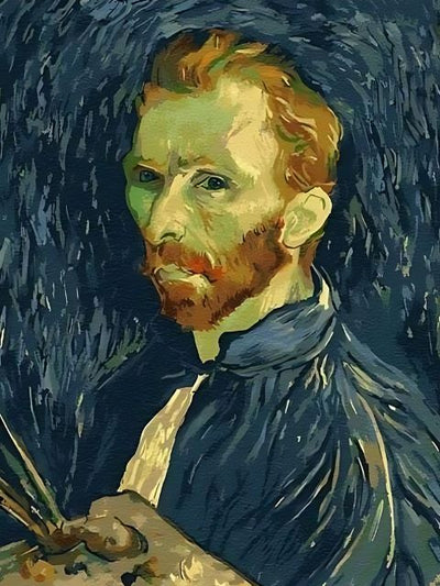 Painting of Vincent van Gogh with a beard holding a painting brush, with a dark blue background. Van Gogh Self Portrait  - Diamond Painting