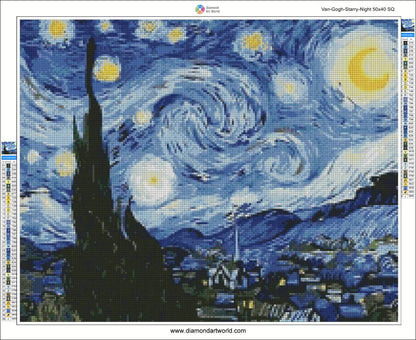 Diamond painting layout of 'Starry Night' by Van Gogh.