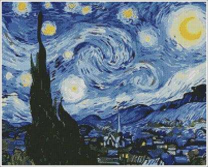 Starry night landscape with swirling sky and moon, inspired by Van Gogh's artwork. Van Gogh Starry Night - Diamond art