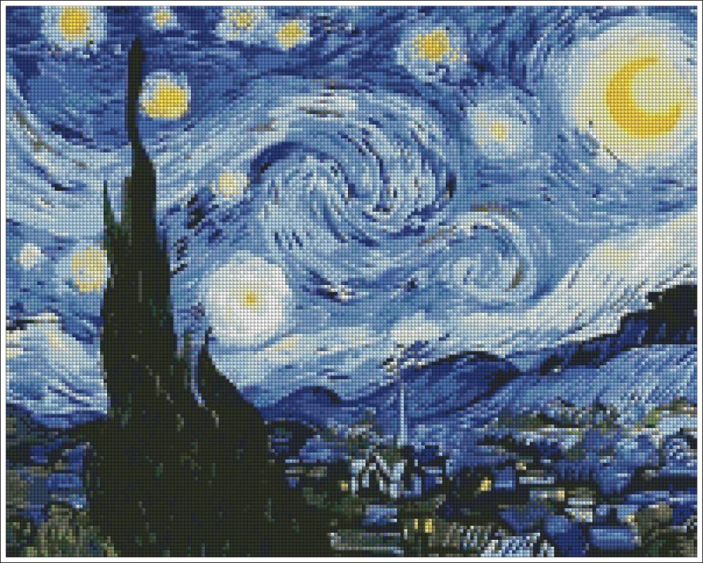 Starry night landscape with swirling sky and moon, inspired by Van Gogh's artwork. Van Gogh Starry Night - Diamond art